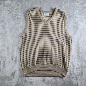 Vintage Amana Sweater Vest‎ Womens Tan Striped Woolen Mill V Neck Made In USA